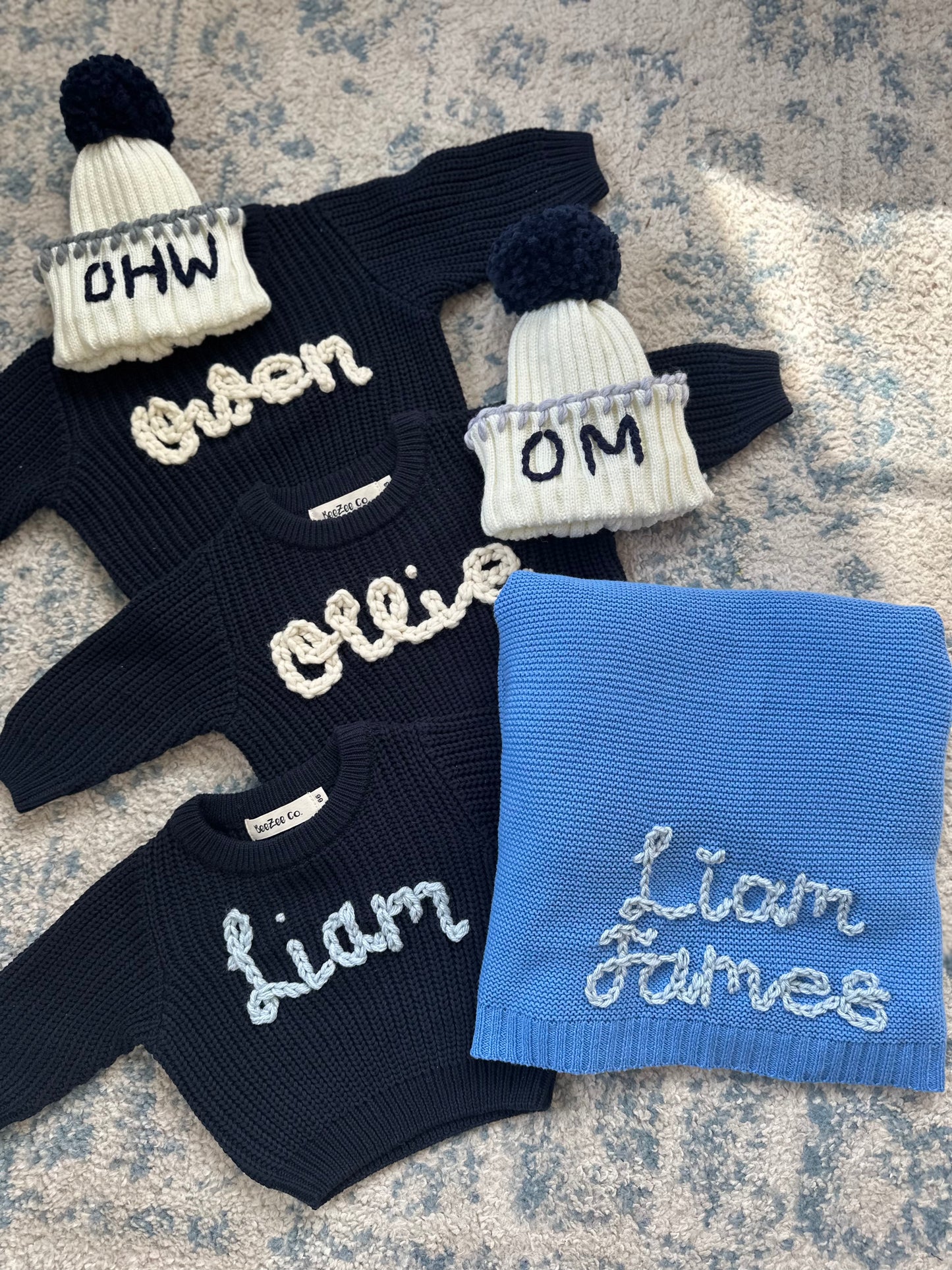 Custom Embroidered Blanket, Sweater and Hat for Baby and Kids