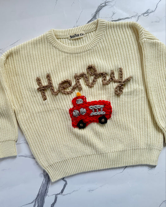 Hand-Embroidered Firetruck Sweater | Personalized Kids Sweater