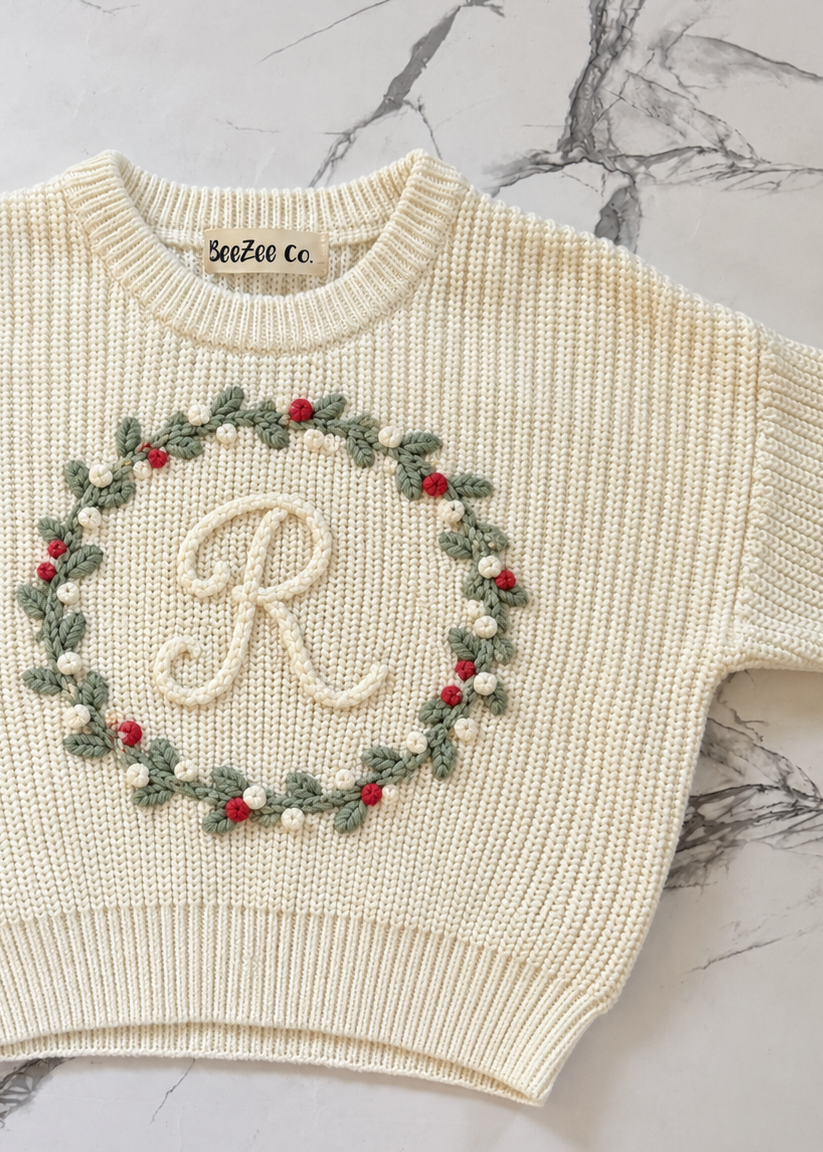 Personalized Christmas Sweater for Kids | Hand-Embroidered Holiday Initial Sweater