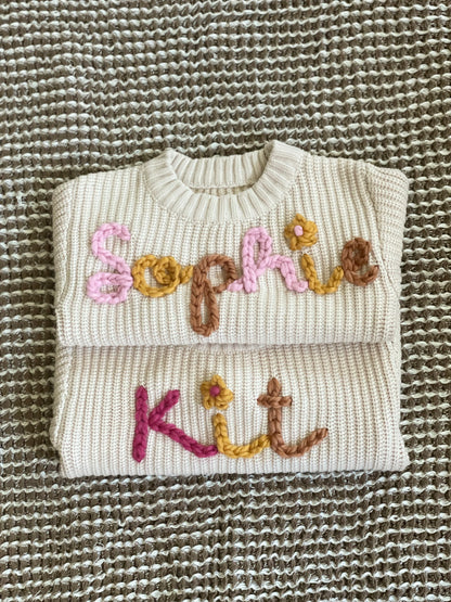 Embroidered Custom Name Sweater + 1 Small Flower (DOT ON "i" OR ELSEWHERE)