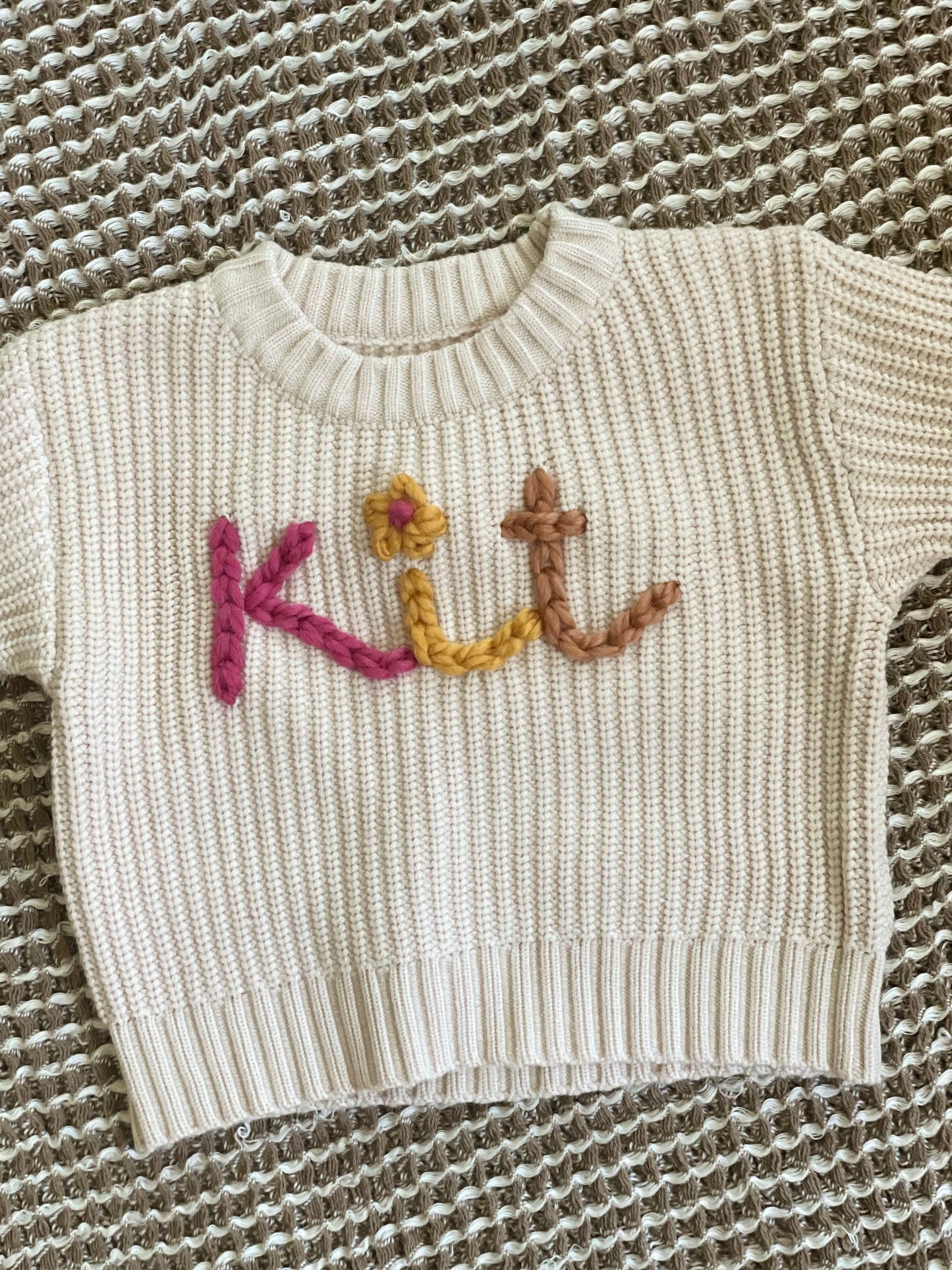 Embroidered Custom Name Sweater + 1 Small Flower (DOT ON "i" OR ELSEWHERE)