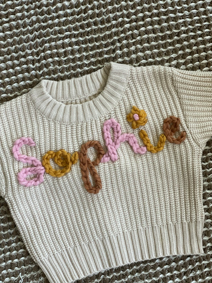 Embroidered Custom Name Sweater + 1 Small Flower (DOT ON "i" OR ELSEWHERE)