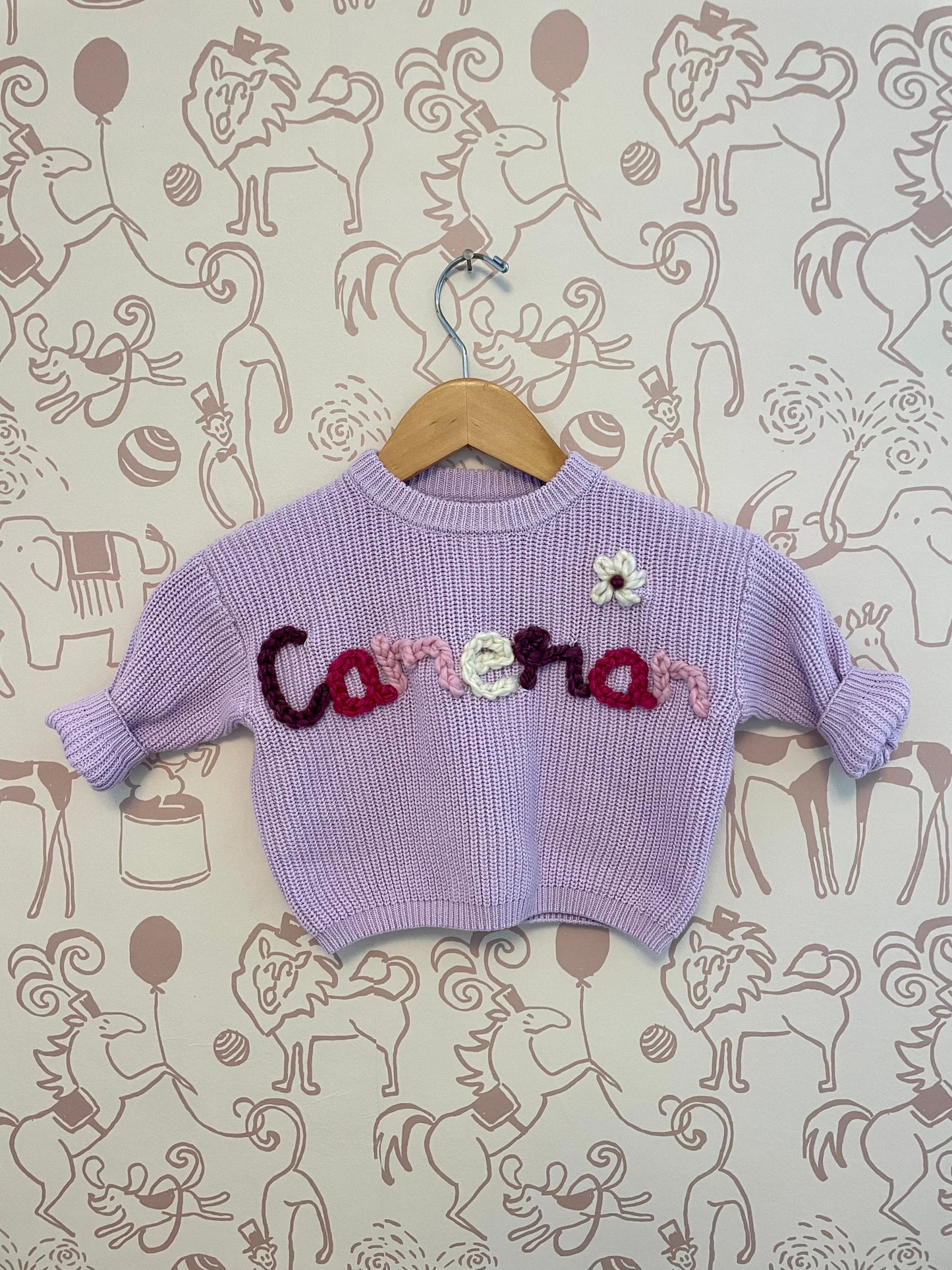 Embroidered Custom Name Sweater + 1 Small Flower (DOT ON "i" OR ELSEWHERE)