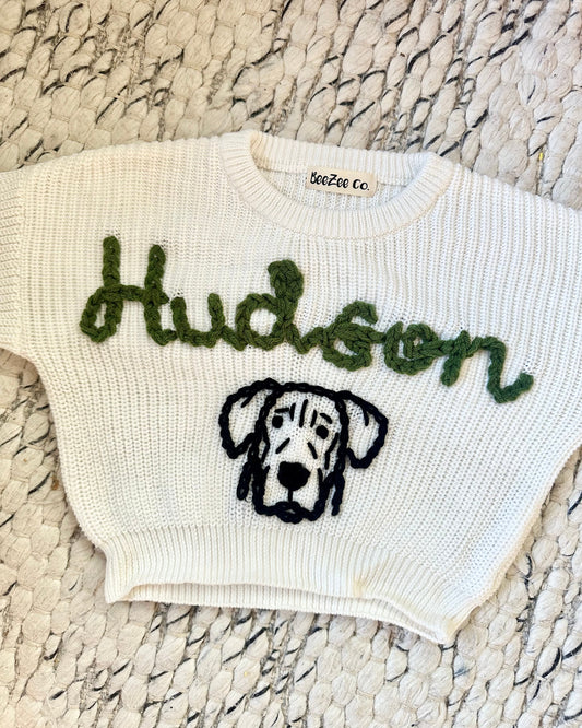 Custom hand-embroidered BeeZee sweater for babies and toddlers