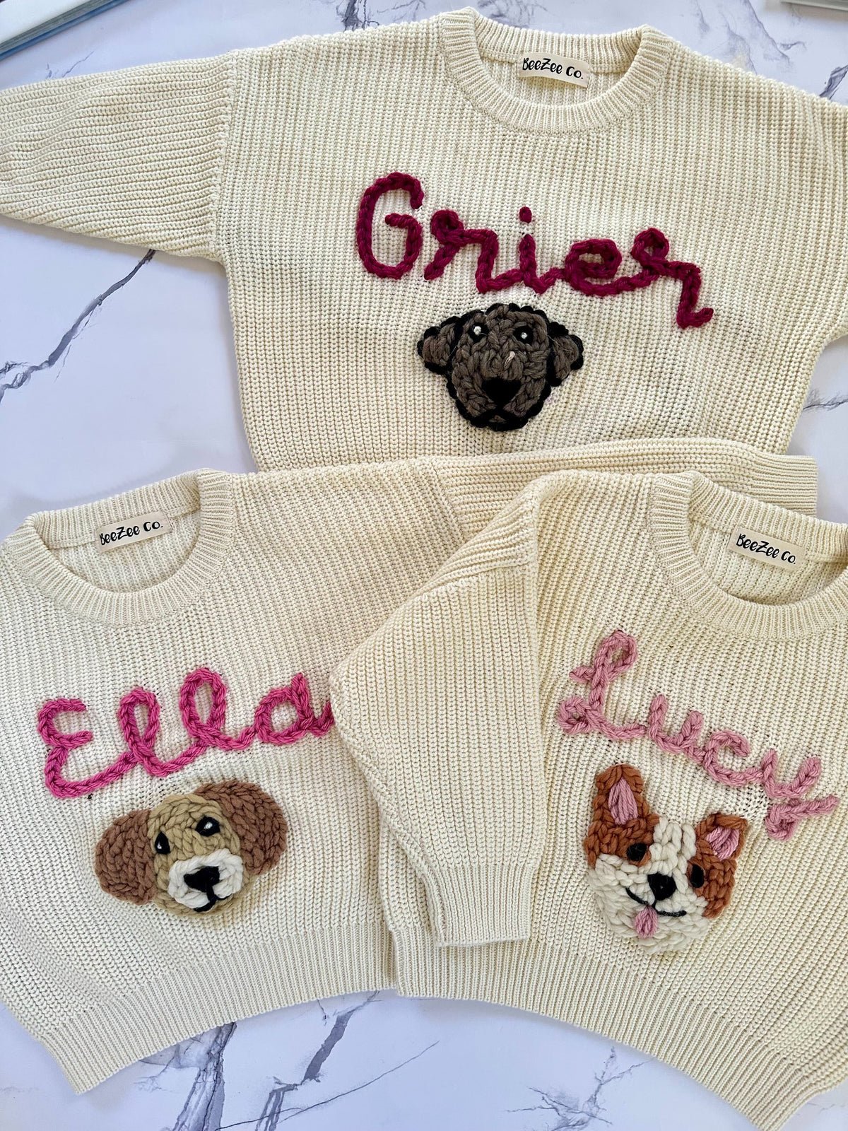 Personalized hand-embroidered baby sweater, 100% cotton chunky knit