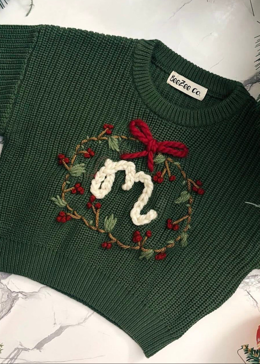 Personalized Christmas Sweater for Kids | Hand-Embroidered Holiday Initial Sweater