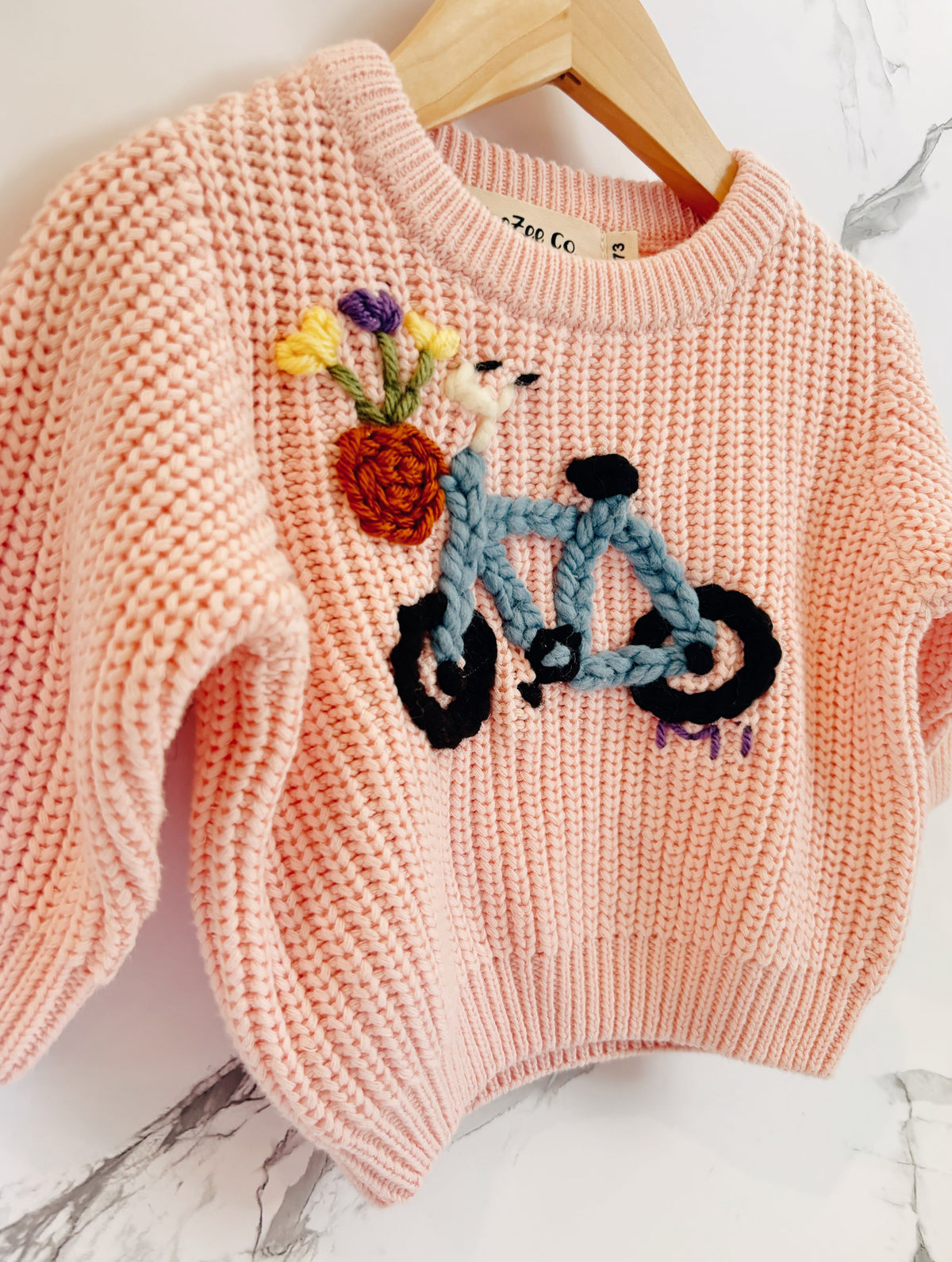 Hand-embroidered custom kids sweater, chunky cotton knit