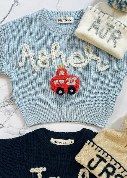 Hand-embroidered red firetruck sweater for kids by BeeZee, photo 2