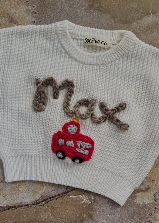 Hand-embroidered red firetruck sweater for kids by BeeZee, photo 3